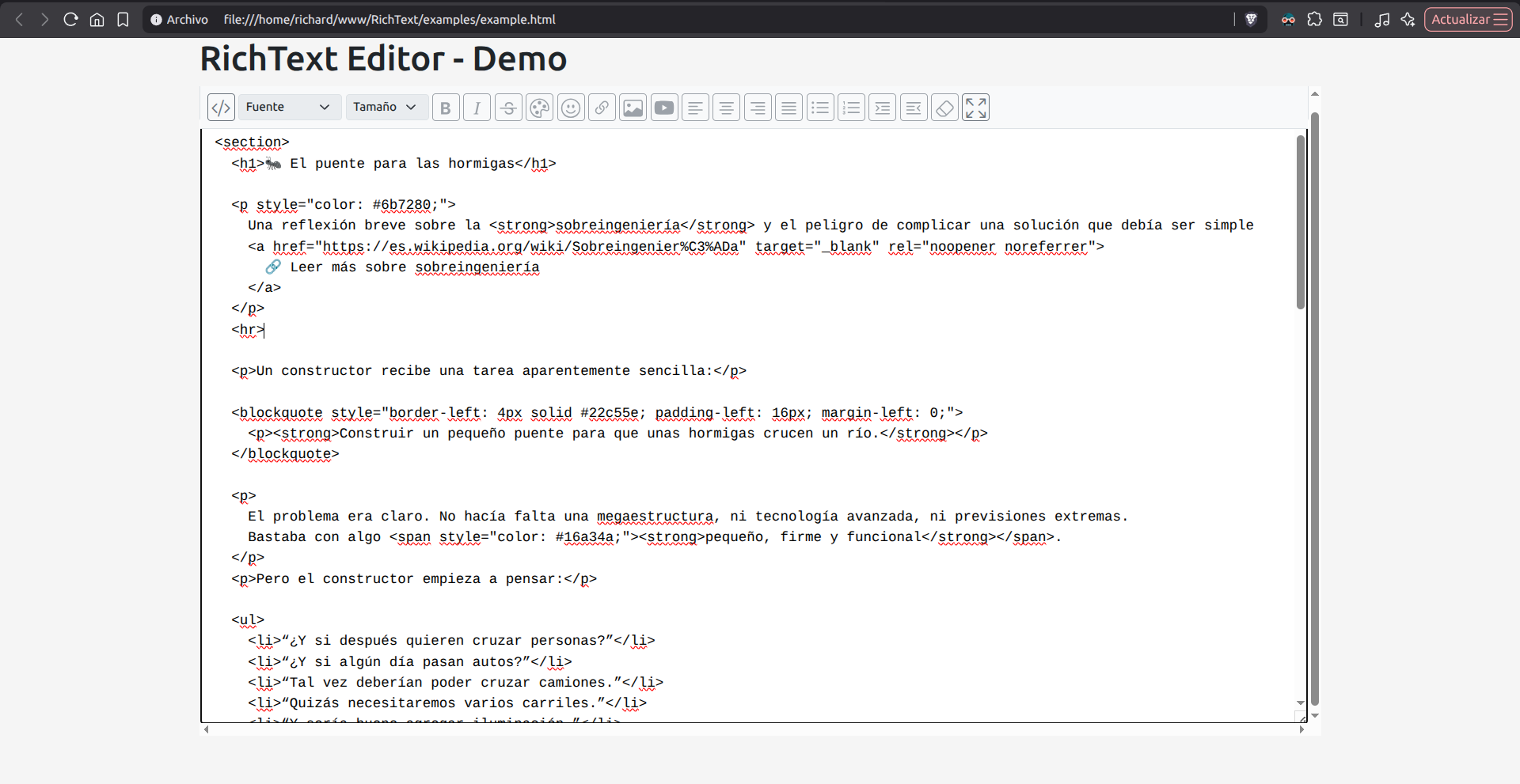 RichText modo código fuente y multimedia